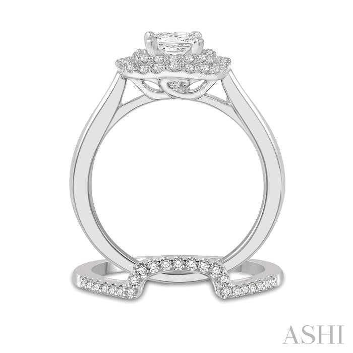 5/8 Ctw Diamond Wedding Set With 1/2 Ct Halo Round Cut & 1/4 Ct Princess Cut Center Stone Engagement Ring and 1/8 Ct Wedding Band in 14K White Gold