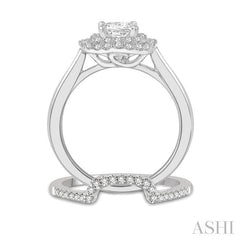5/8 Ctw Diamond Wedding Set With 1/2 Ct Halo Round Cut & 1/4 Ct Princess Cut Center Stone Engagement Ring and 1/8 Ct Wedding Band in 14K White Gold