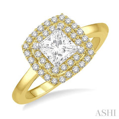 1/2 Ctw Princess & Halo Round Cut Diamond Ladies Engagement Ring With 1/4 Ct Princess Cut Center Stone in 14K Yellow and White Gold