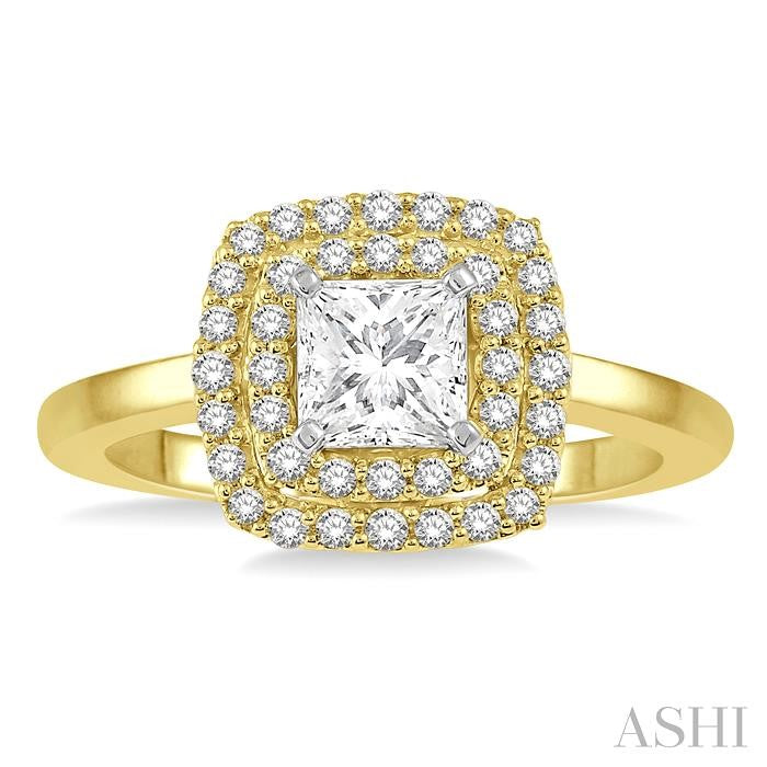 1/2 Ctw Princess & Halo Round Cut Diamond Ladies Engagement Ring With 1/4 Ct Princess Cut Center Stone in 14K Yellow and White Gold