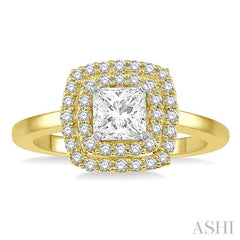 1/2 Ctw Princess & Halo Round Cut Diamond Ladies Engagement Ring With 1/4 Ct Princess Cut Center Stone in 14K Yellow and White Gold