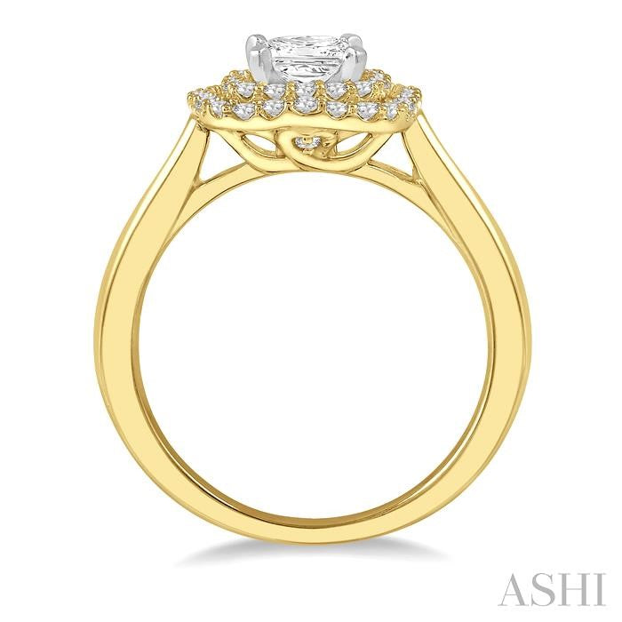 1/2 Ctw Princess & Halo Round Cut Diamond Ladies Engagement Ring With 1/4 Ct Princess Cut Center Stone in 14K Yellow and White Gold