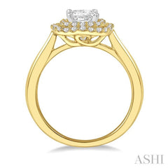 1/2 Ctw Princess & Halo Round Cut Diamond Ladies Engagement Ring With 1/4 Ct Princess Cut Center Stone in 14K Yellow and White Gold