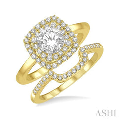 5/8 Ctw Round Cut Diamond Wedding Set With 1/2 Ct Cushion Shape Engagement Ring and 1/8 Ct Cradle Center Wedding Band in 14K Yellow and White Gold