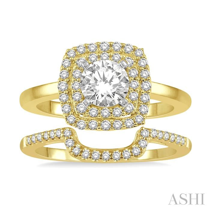 5/8 Ctw Round Cut Diamond Wedding Set With 1/2 Ct Cushion Shape Engagement Ring and 1/8 Ct Cradle Center Wedding Band in 14K Yellow and White Gold