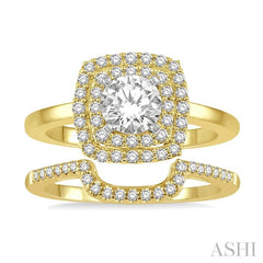 5/8 Ctw Round Cut Diamond Wedding Set With 1/2 Ct Cushion Shape Engagement Ring and 1/8 Ct Cradle Center Wedding Band in 14K Yellow and White Gold