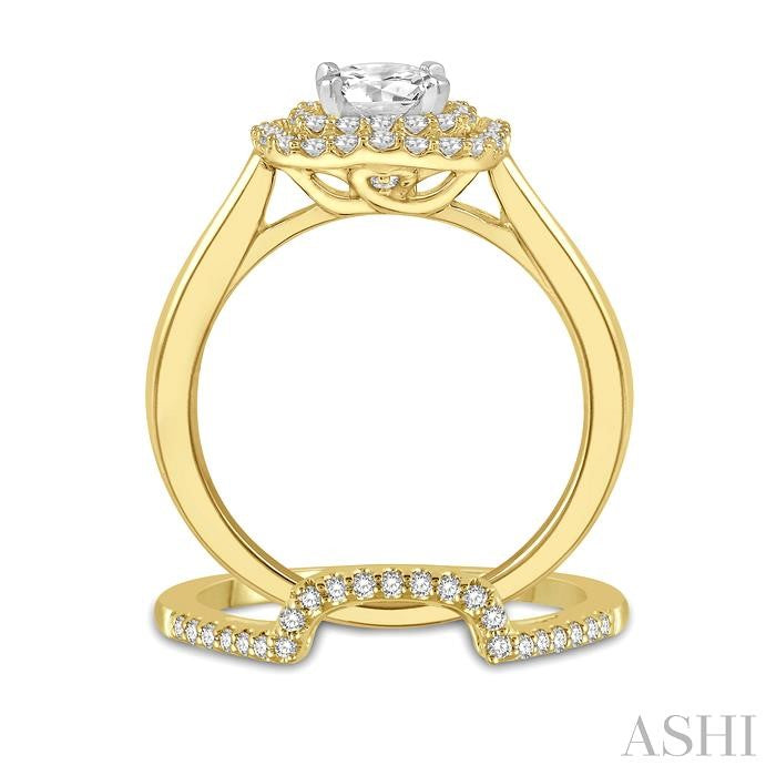 5/8 Ctw Round Cut Diamond Wedding Set With 1/2 Ct Cushion Shape Engagement Ring and 1/8 Ct Cradle Center Wedding Band in 14K Yellow and White Gold