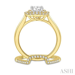 5/8 Ctw Round Cut Diamond Wedding Set With 1/2 Ct Cushion Shape Engagement Ring and 1/8 Ct Cradle Center Wedding Band in 14K Yellow and White Gold