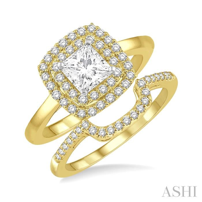 5/8 Ctw Diamond Wedding Set With 1/2 Ct Halo Round Cut & 1/4 Ct Princess Cut Engagement Ring and 1/8 Ct Wedding Band in 14K Yellow and White Gold
