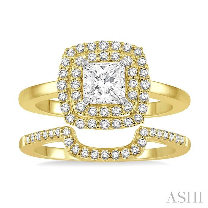 5/8 Ctw Diamond Wedding Set With 1/2 Ct Halo Round Cut & 1/4 Ct Princess Cut Engagement Ring and 1/8 Ct Wedding Band in 14K Yellow and White Gold