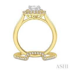 5/8 Ctw Diamond Wedding Set With 1/2 Ct Halo Round Cut & 1/4 Ct Princess Cut Engagement Ring and 1/8 Ct Wedding Band in 14K Yellow and White Gold