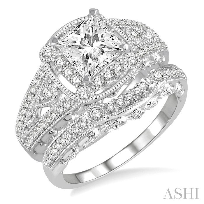 1 1/10 Ctw Diamond Bridal Set with 7/8 Ctw Princess Cut Engagement Ring and 1/6 Ctw Wedding Band in 14K White Gold