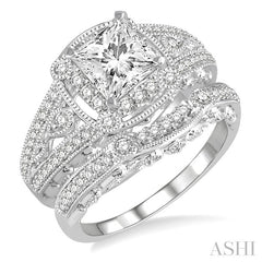 1 1/10 Ctw Diamond Bridal Set with 7/8 Ctw Princess Cut Engagement Ring and 1/6 Ctw Wedding Band in 14K White Gold