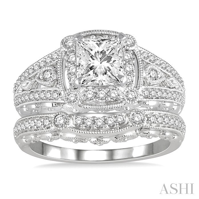1 1/10 Ctw Diamond Bridal Set with 7/8 Ctw Princess Cut Engagement Ring and 1/6 Ctw Wedding Band in 14K White Gold