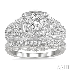 1 1/10 Ctw Diamond Bridal Set with 7/8 Ctw Princess Cut Engagement Ring and 1/6 Ctw Wedding Band in 14K White Gold