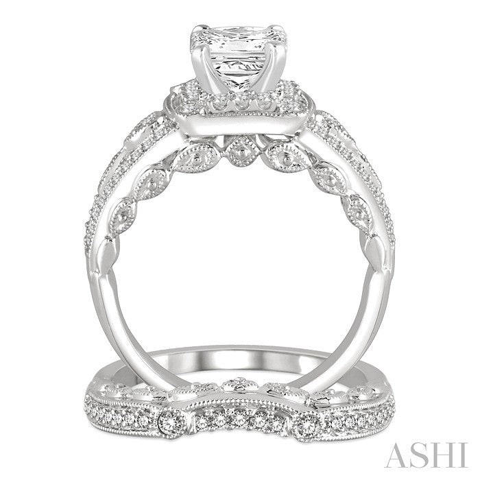 1 1/10 Ctw Diamond Bridal Set with 7/8 Ctw Princess Cut Engagement Ring and 1/6 Ctw Wedding Band in 14K White Gold