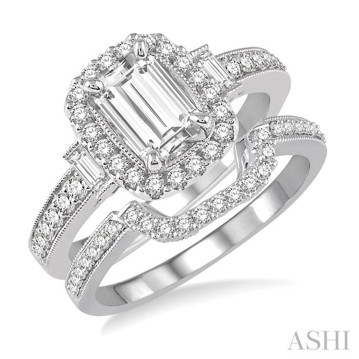 1 1/10 Ctw Diamond Wedding Set with 7/8 Ctw Octagon Cut Engagement Ring and 1/6 Ctw Wedding Band in 14K White Gold