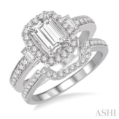 1 1/10 Ctw Diamond Wedding Set with 7/8 Ctw Octagon Cut Engagement Ring and 1/6 Ctw Wedding Band in 14K White Gold