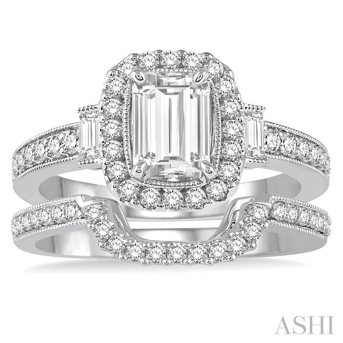 1 1/10 Ctw Diamond Wedding Set with 7/8 Ctw Octagon Cut Engagement Ring and 1/6 Ctw Wedding Band in 14K White Gold