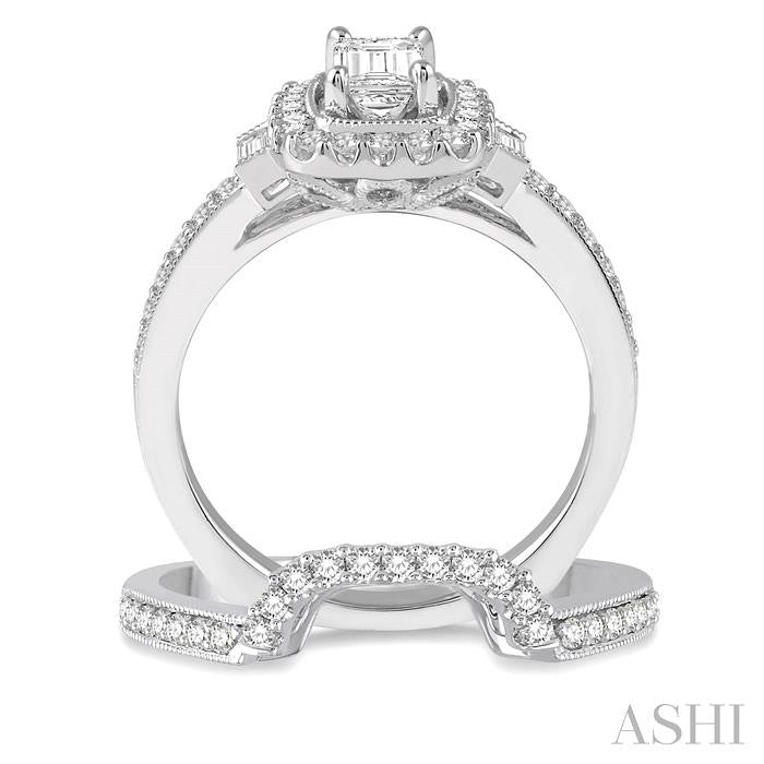 1 1/10 Ctw Diamond Wedding Set with 7/8 Ctw Octagon Cut Engagement Ring and 1/6 Ctw Wedding Band in 14K White Gold
