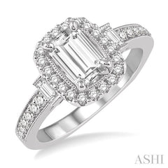 7/8 Ctw Diamond Engagement Ring with 1/2 Ct Octagon Cut Center Diamond in 14K White Gold