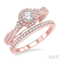 1/2 Ctw Diamond Wedding Set With 3/8 Ct Round Center Engagement Ring and 1/10 Ct Wedding Band in 14K Rose Gold