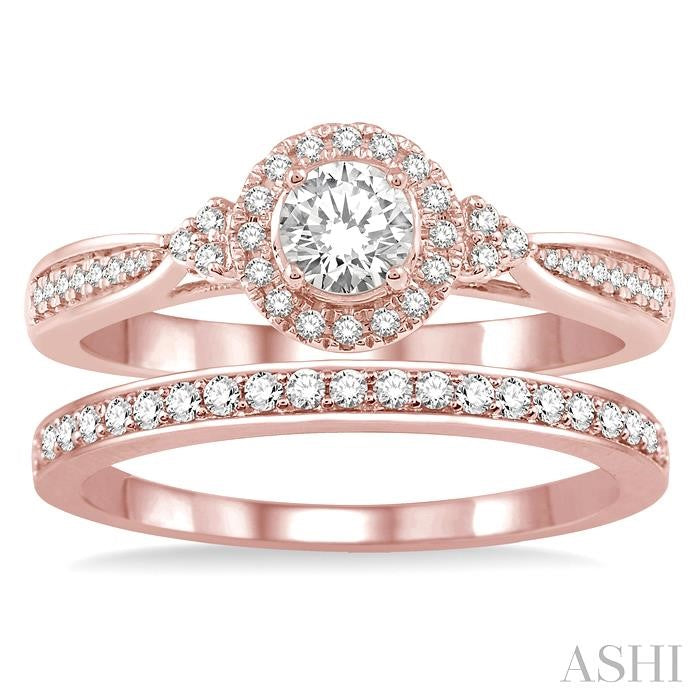 1/2 Ctw Diamond Wedding Set With 3/8 Ct Round Center Engagement Ring and 1/10 Ct Wedding Band in 14K Rose Gold