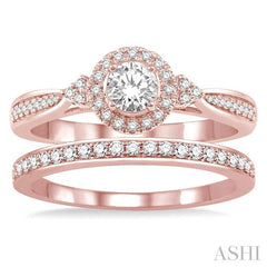 1/2 Ctw Diamond Wedding Set With 3/8 Ct Round Center Engagement Ring and 1/10 Ct Wedding Band in 14K Rose Gold