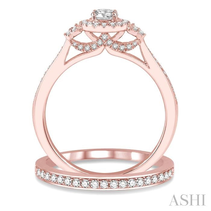 1/2 Ctw Diamond Wedding Set With 3/8 Ct Round Center Engagement Ring and 1/10 Ct Wedding Band in 14K Rose Gold