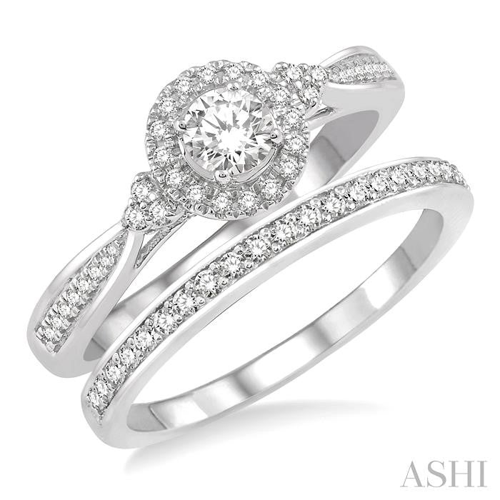 1/2 Ctw Diamond Wedding Set With 3/8 Ct Round Center Engagement Ring and 1/10 Ct Wedding Band in 14K White Gold