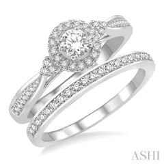 1/2 Ctw Diamond Wedding Set With 3/8 Ct Round Center Engagement Ring and 1/10 Ct Wedding Band in 14K White Gold