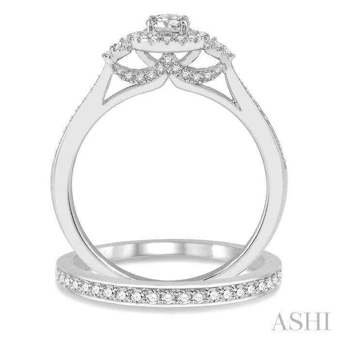 1/2 Ctw Diamond Wedding Set With 3/8 Ct Round Center Engagement Ring and 1/10 Ct Wedding Band in 14K White Gold