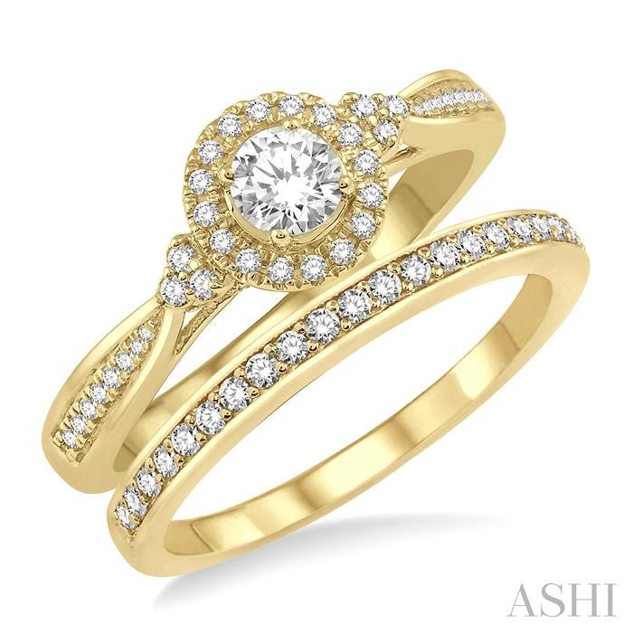 1/2 Ctw Diamond Wedding Set With 3/8 Ct Round Center Engagement Ring and 1/10 Ct Wedding Band in 14K Yellow Gold