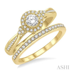 1/2 Ctw Diamond Wedding Set With 3/8 Ct Round Center Engagement Ring and 1/10 Ct Wedding Band in 14K Yellow Gold