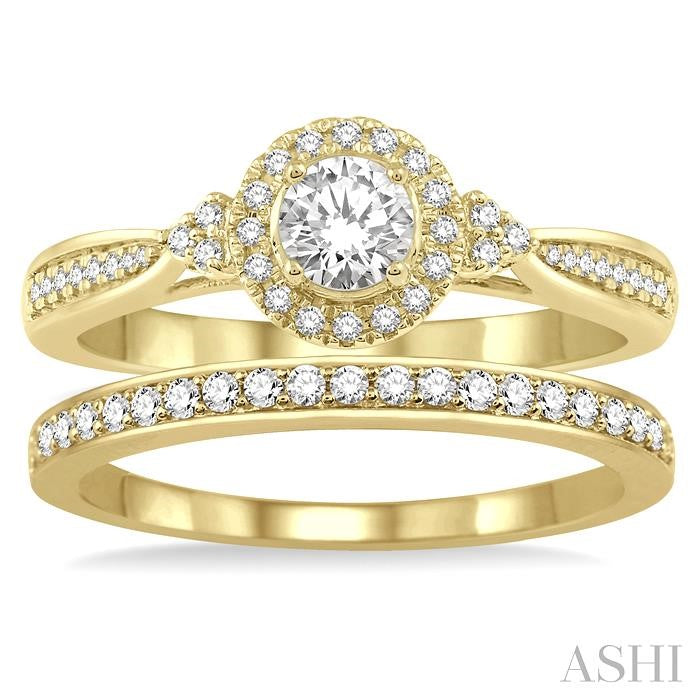 1/2 Ctw Diamond Wedding Set With 3/8 Ct Round Center Engagement Ring and 1/10 Ct Wedding Band in 14K Yellow Gold