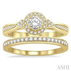 1/2 Ctw Diamond Wedding Set With 3/8 Ct Round Center Engagement Ring and 1/10 Ct Wedding Band in 14K Yellow Gold