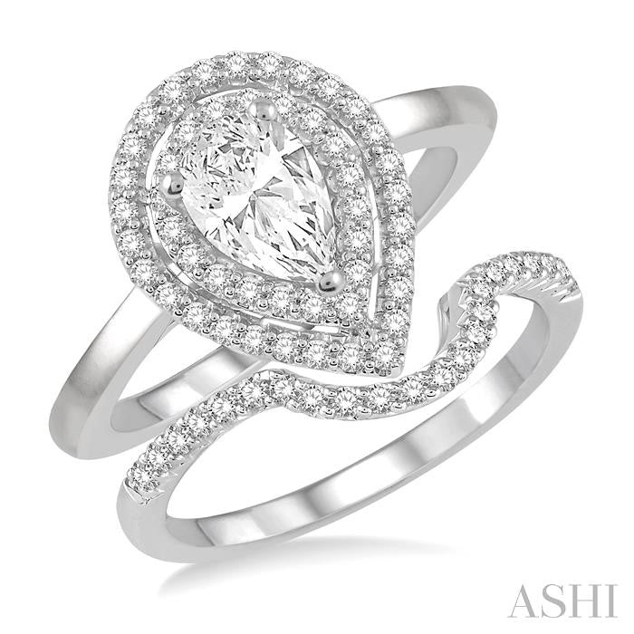 1 Ctw Round Cut Diamond Wedding Set With 3/4 Ct Pear Cut Engagement Ring and 1/5 Ct Curved Center Wedding Band in 14K White Gold