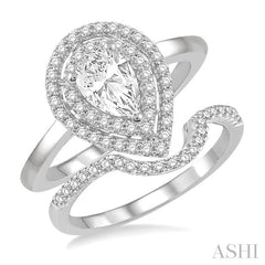 1 Ctw Round Cut Diamond Wedding Set With 3/4 Ct Pear Cut Engagement Ring and 1/5 Ct Curved Center Wedding Band in 14K White Gold