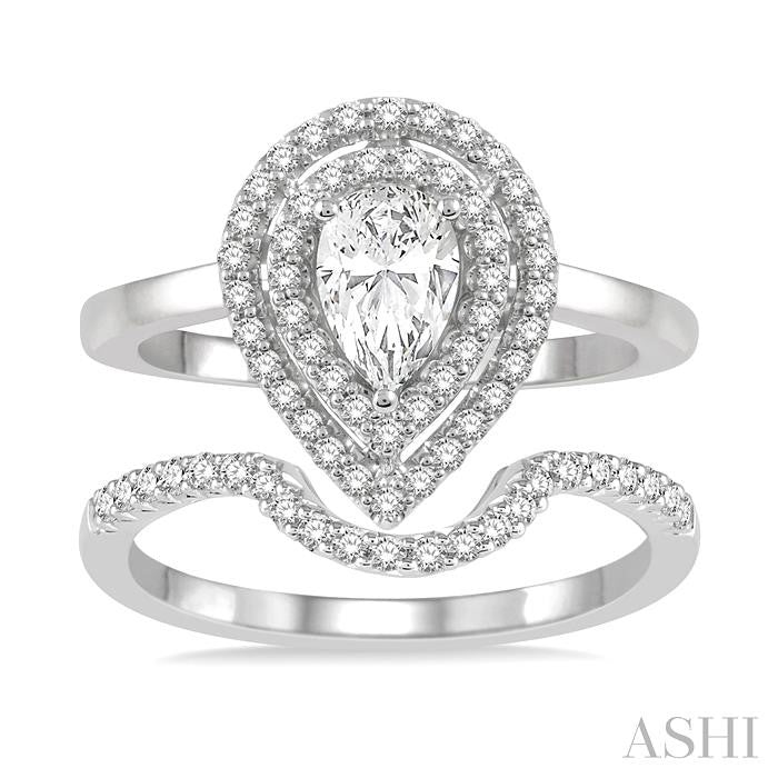 1 Ctw Round Cut Diamond Wedding Set With 3/4 Ct Pear Cut Engagement Ring and 1/5 Ct Curved Center Wedding Band in 14K White Gold