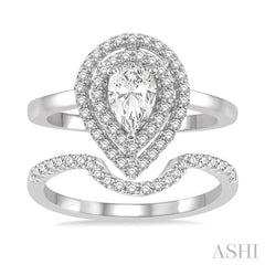 1 Ctw Round Cut Diamond Wedding Set With 3/4 Ct Pear Cut Engagement Ring and 1/5 Ct Curved Center Wedding Band in 14K White Gold