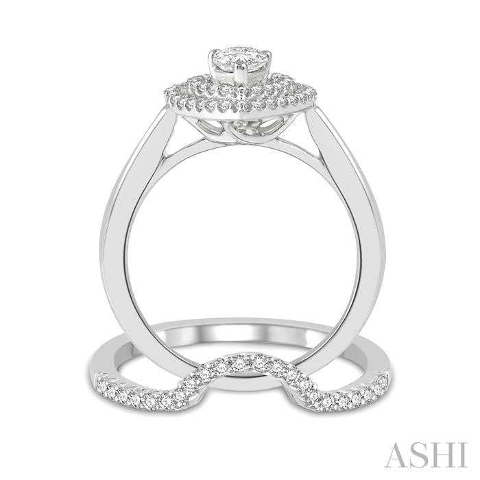 1 Ctw Round Cut Diamond Wedding Set With 3/4 Ct Pear Cut Engagement Ring and 1/5 Ct Curved Center Wedding Band in 14K White Gold