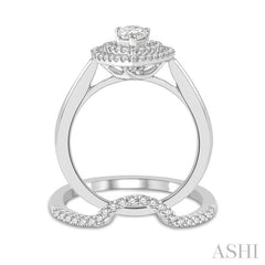 1 Ctw Round Cut Diamond Wedding Set With 3/4 Ct Pear Cut Engagement Ring and 1/5 Ct Curved Center Wedding Band in 14K White Gold