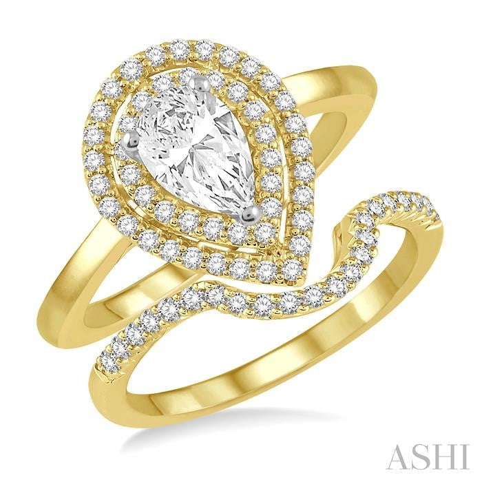 1 Ctw Round Cut Diamond Wedding Set With 3/4 Ct Pear Cut Engagement Ring and 1/5 Ct Curved Center Wedding Band in 14K Yellow and White Gold