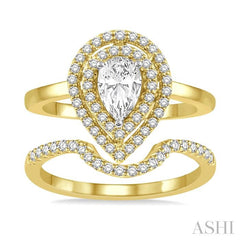 1 Ctw Round Cut Diamond Wedding Set With 3/4 Ct Pear Cut Engagement Ring and 1/5 Ct Curved Center Wedding Band in 14K Yellow and White Gold