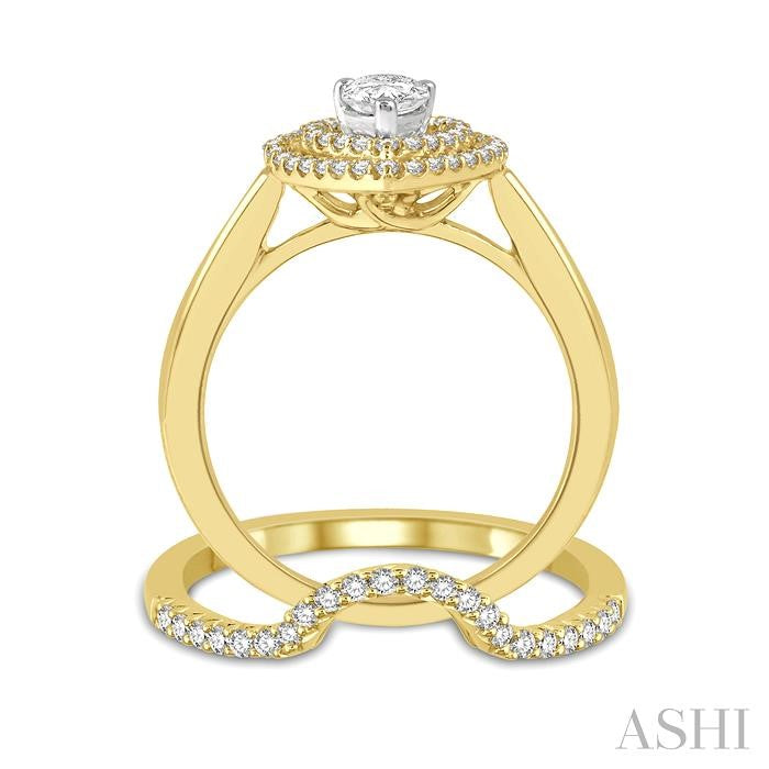 1 Ctw Round Cut Diamond Wedding Set With 3/4 Ct Pear Cut Engagement Ring and 1/5 Ct Curved Center Wedding Band in 14K Yellow and White Gold