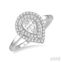1/2 Ctw Twin Halo Round Cut Diamond Engagement Ring With 1/4 Ct Pear Cut Center Stone in 14K White Gold