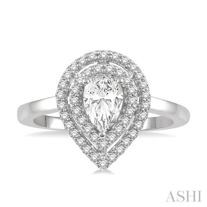 1/2 Ctw Twin Halo Round Cut Diamond Engagement Ring With 1/4 Ct Pear Cut Center Stone in 14K White Gold