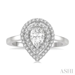 1/2 Ctw Twin Halo Round Cut Diamond Engagement Ring With 1/4 Ct Pear Cut Center Stone in 14K White Gold