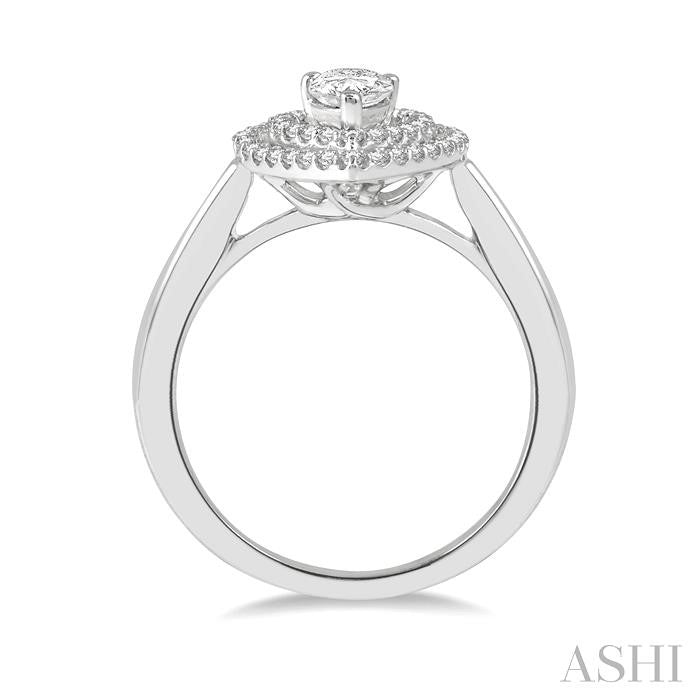 1/2 Ctw Twin Halo Round Cut Diamond Engagement Ring With 1/4 Ct Pear Cut Center Stone in 14K White Gold