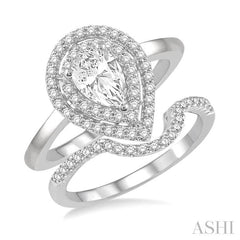 5/8 Ctw Round Cut Diamond Wedding Set With 1/2 Ct Twin Halo 1/4 Ct Pear Cut Engagement Ring & 1/8 Ct Curved Wedding Band in 14K White Gold